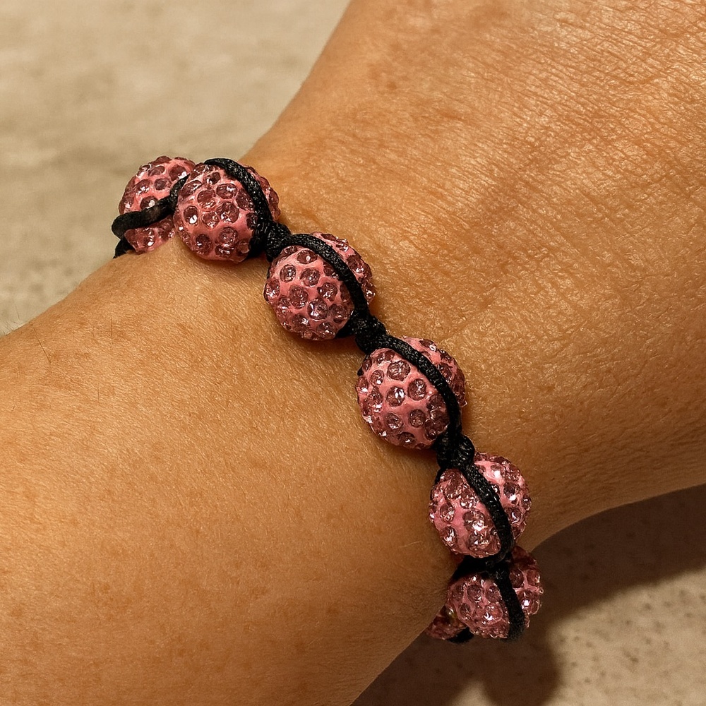 Shambhala Bracelet Pink Crystal Black Hematite On Black Macrame cord adjustable